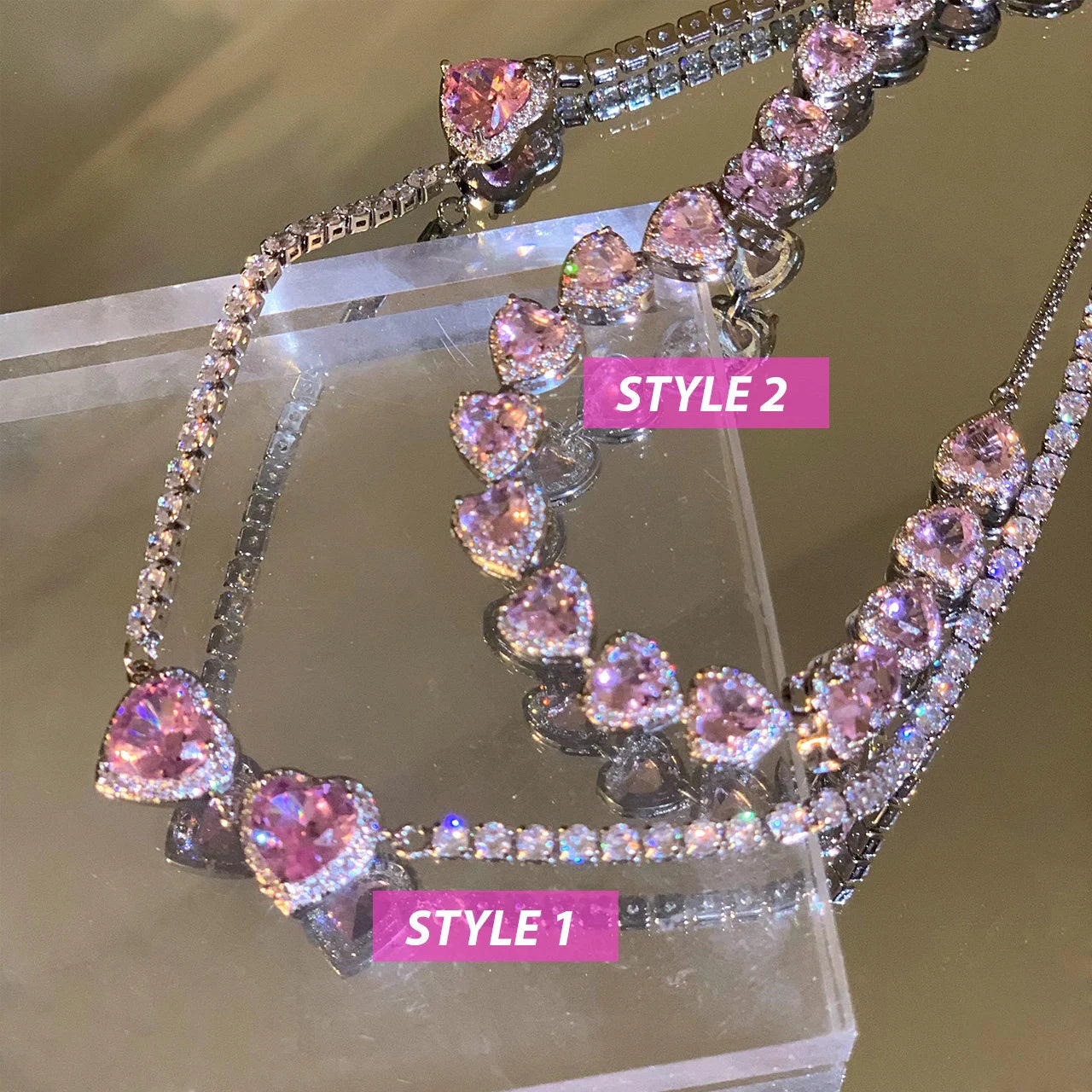 Enchanted Pink CZ Heart Chain Choker