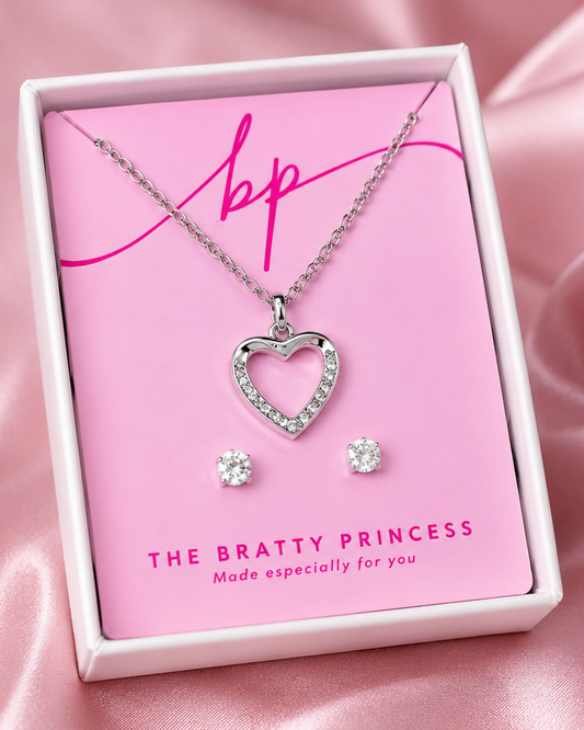 Dainty Cubic Zirconia Heart Pendant and Earring Set