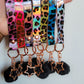 Cute Holographic Leopard Print Keychain Wristlet with Faux Fur Pompom and Star Hook Clip