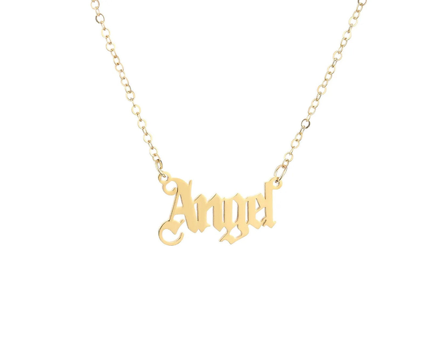 Angel Choker Necklace | Choker Necklace | Old English Trendy Text Necklace | Stainless Steel, 18k Gold-Plated | Angelcore, Y2k Aesthetic