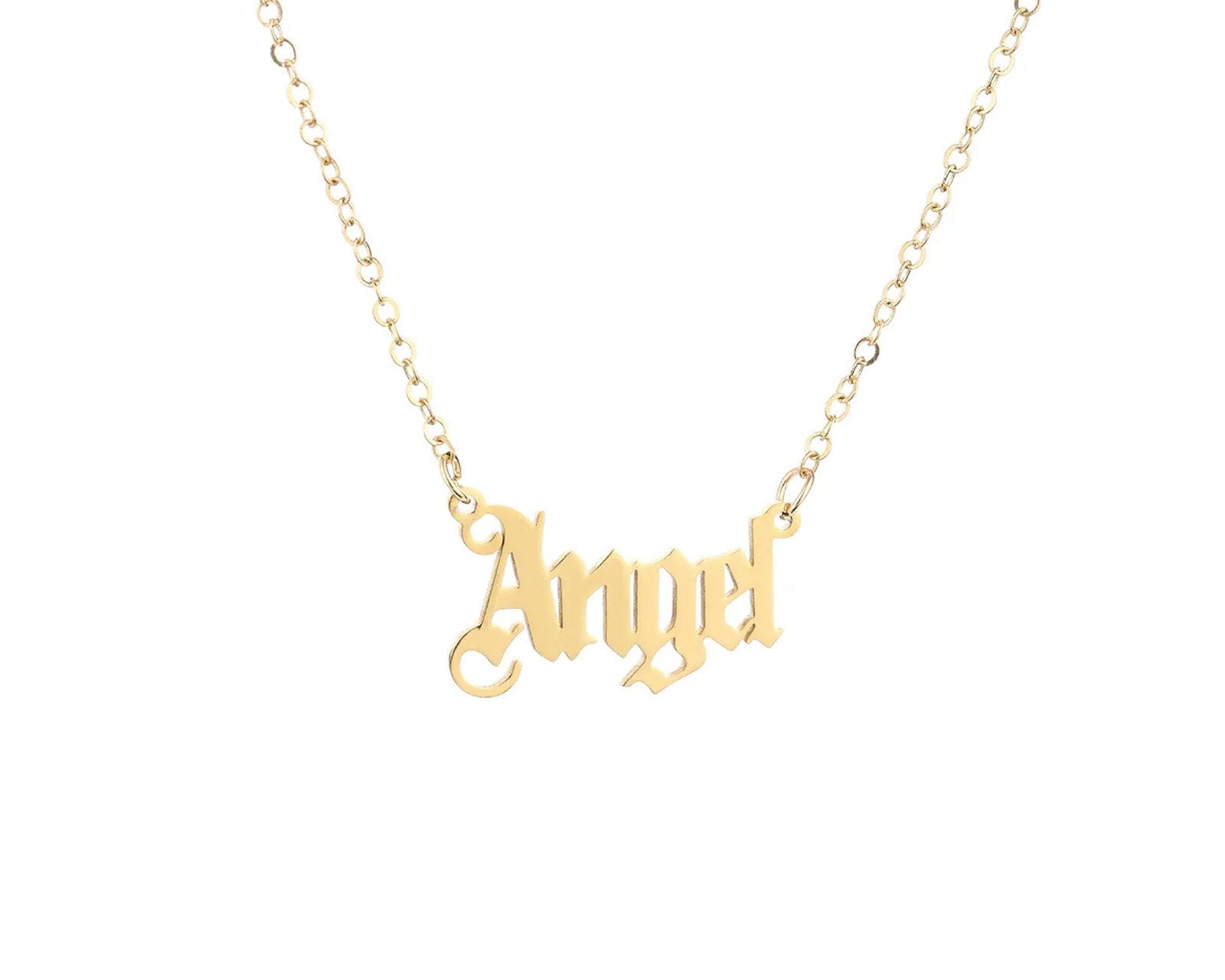 Angel Choker Necklace | Choker Necklace | Old English Trendy Text Necklace | Stainless Steel, 18k Gold-Plated | Angelcore, Y2k Aesthetic