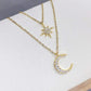 CELESTIAL Star, Moon Pendant Necklace | Stainless Steel, 18K Gold-Plated, Rose Gold | Double Layered Necklace | CZ Cubic Zirconia