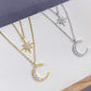 CELESTIAL Star, Moon Pendant Necklace | Stainless Steel, 18K Gold-Plated, Rose Gold | Double Layered Necklace | CZ Cubic Zirconia