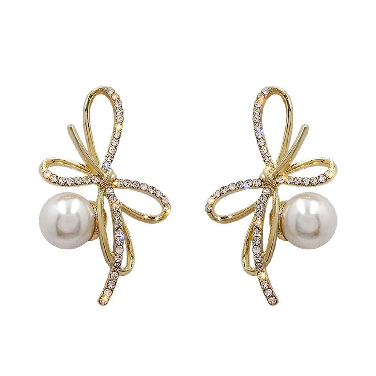 ENCHANTED Pearl Crystal Bow Stud Earrings | Gold, 925 Sterling Silver Earrings | CZ Cubic Zirconia Studs | Princesscore, Fairycore, Coquette