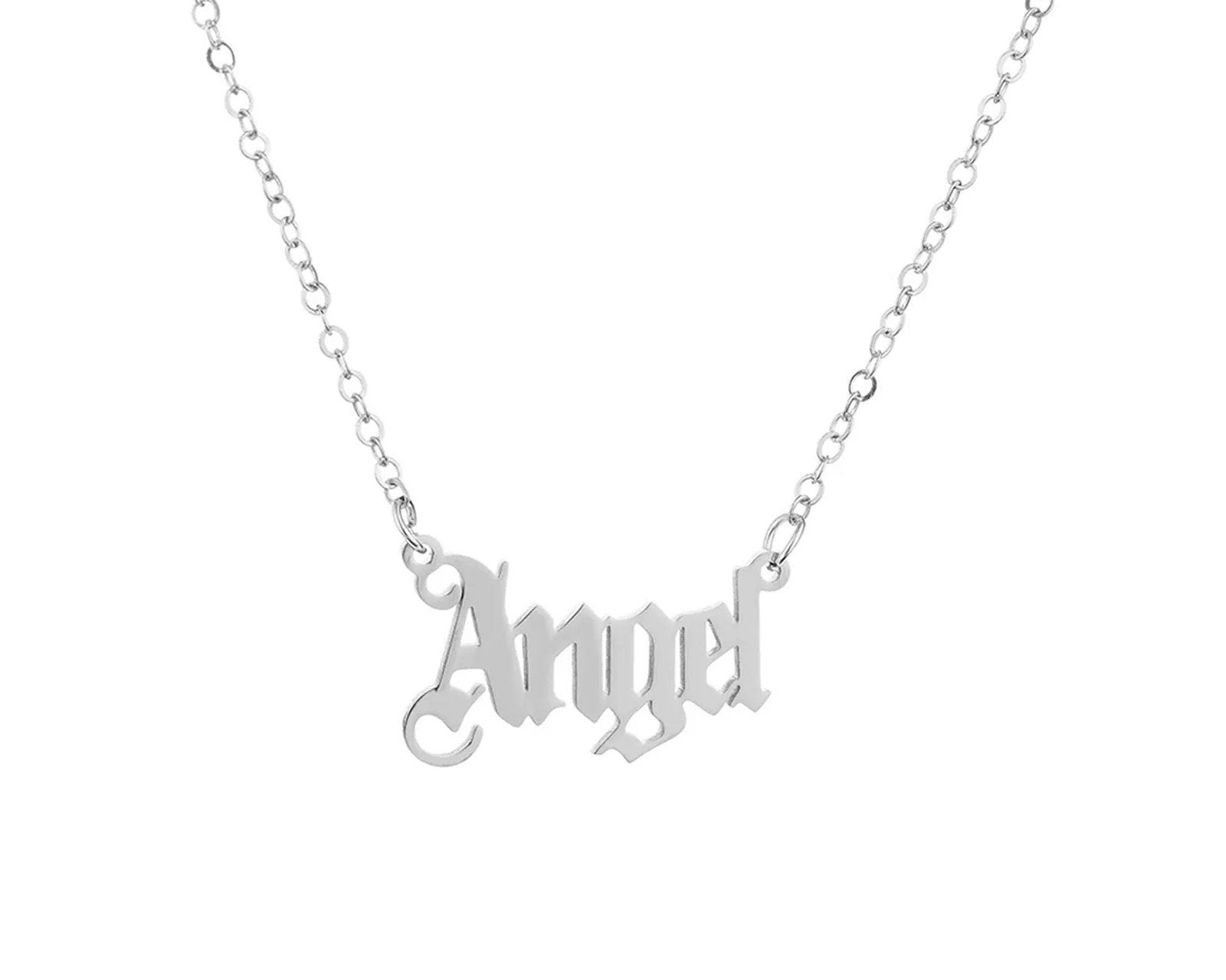 Angel Choker Necklace | Choker Necklace | Old English Trendy Text Necklace | Stainless Steel, 18k Gold-Plated | Angelcore, Y2k Aesthetic